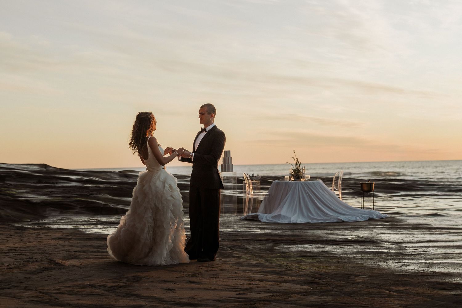 Elopement picnic setup overlooking the ocean