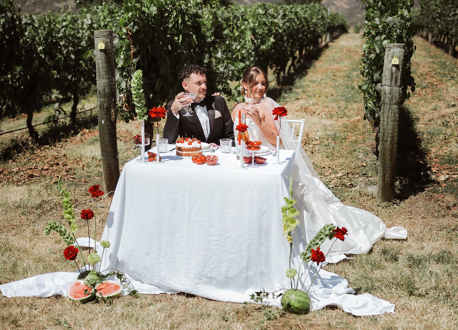 A long table set for a small wedding in a Central Otago vineyard
